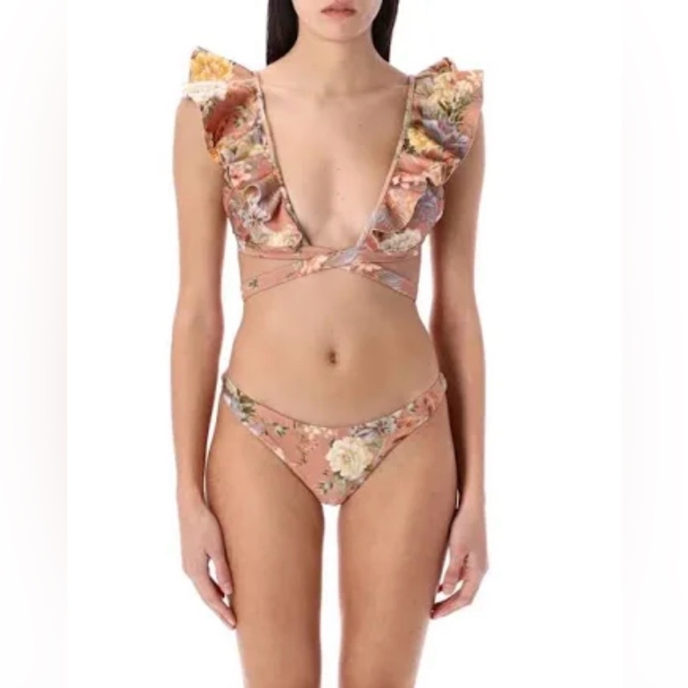Zimmermann Women's Tallow Wrap Ruffle Bikini In Brown - Picture 2 of 5
